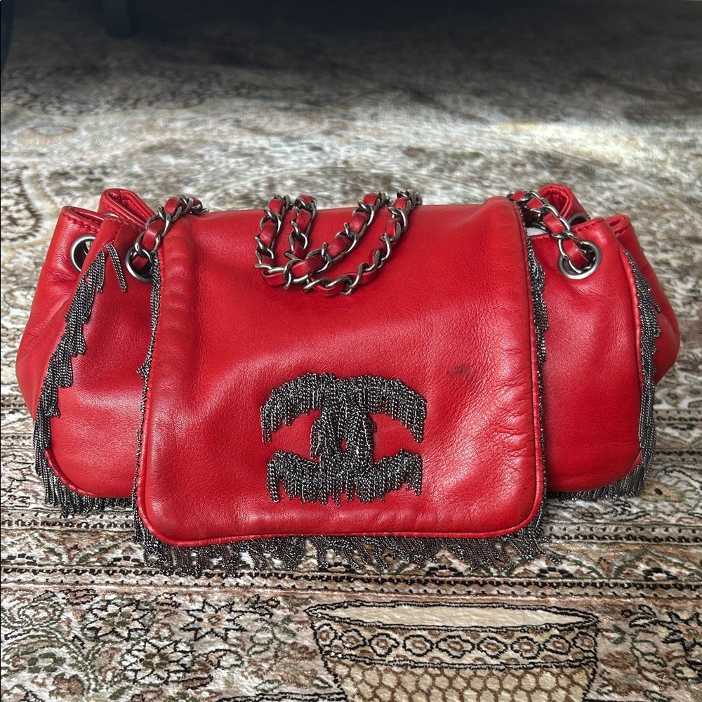CHANEL Red Lambskin Flab Shoulder Bag with Chain Tassel Details